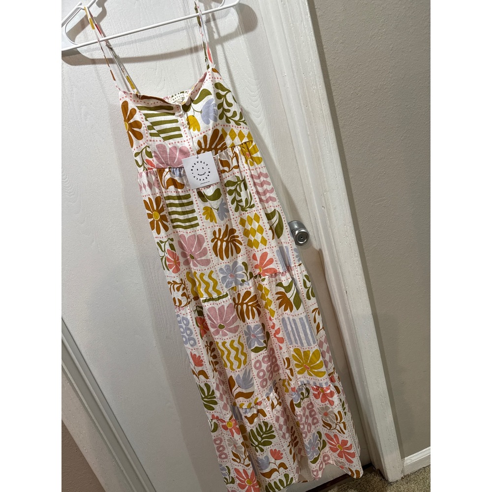 Baevely Retro Floral Patchwork Tiered Maxi Dress Smocked Back Cutout Medium